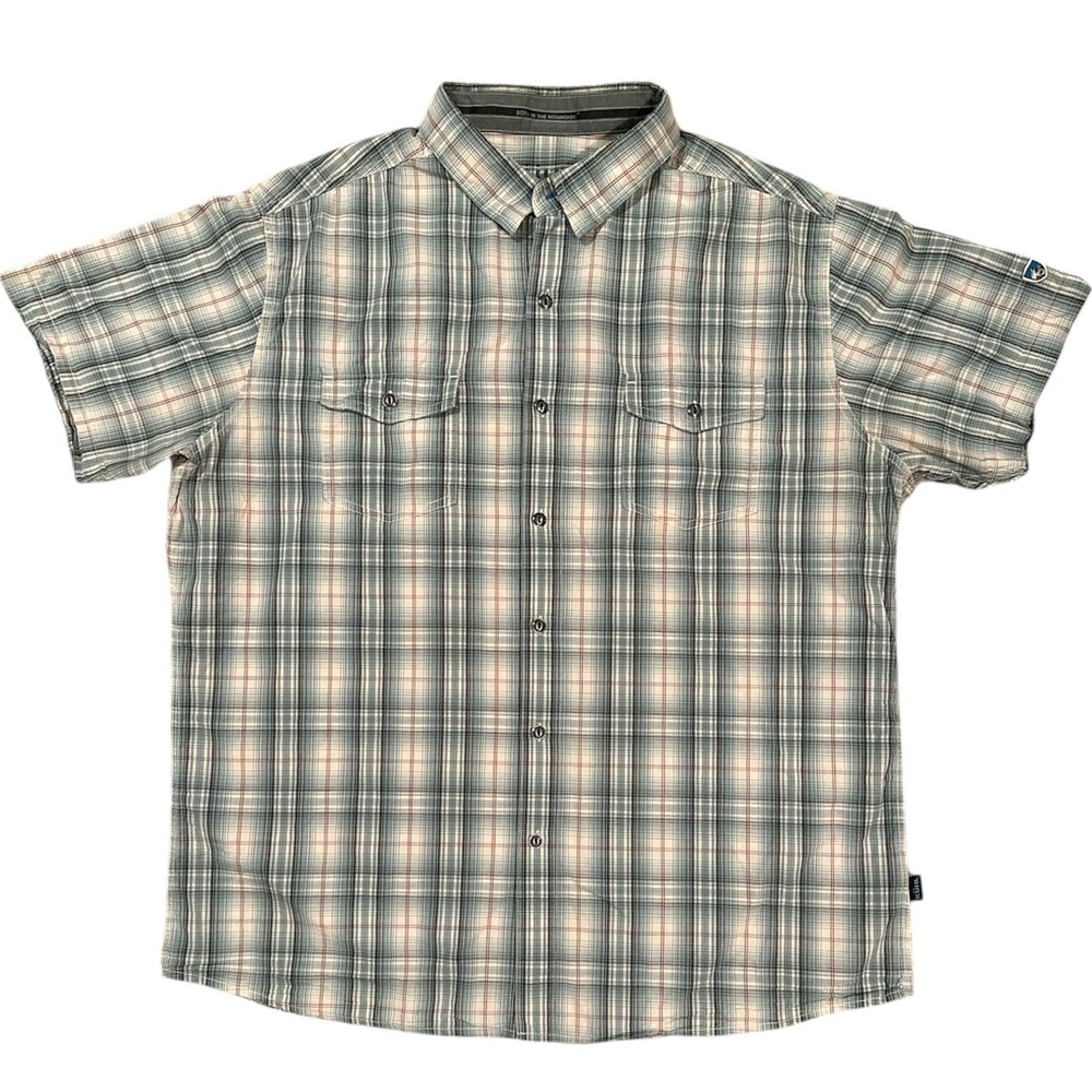 KUHL Men’s Eluxur Madras Short Sleeved Button Front Plaid Casual Green Shirt, XL